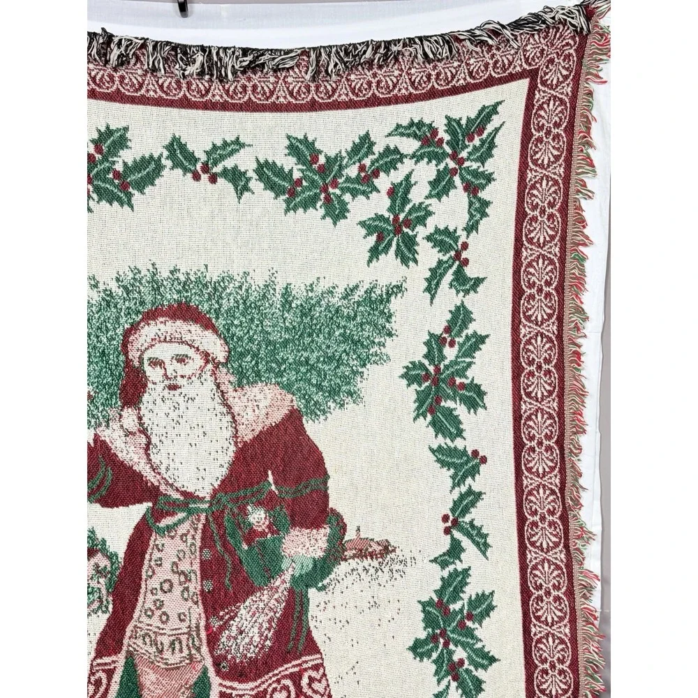 Vintage Avon Woven Christmas Santa Throw Blanket Tapestry Afghan Holly Fringe